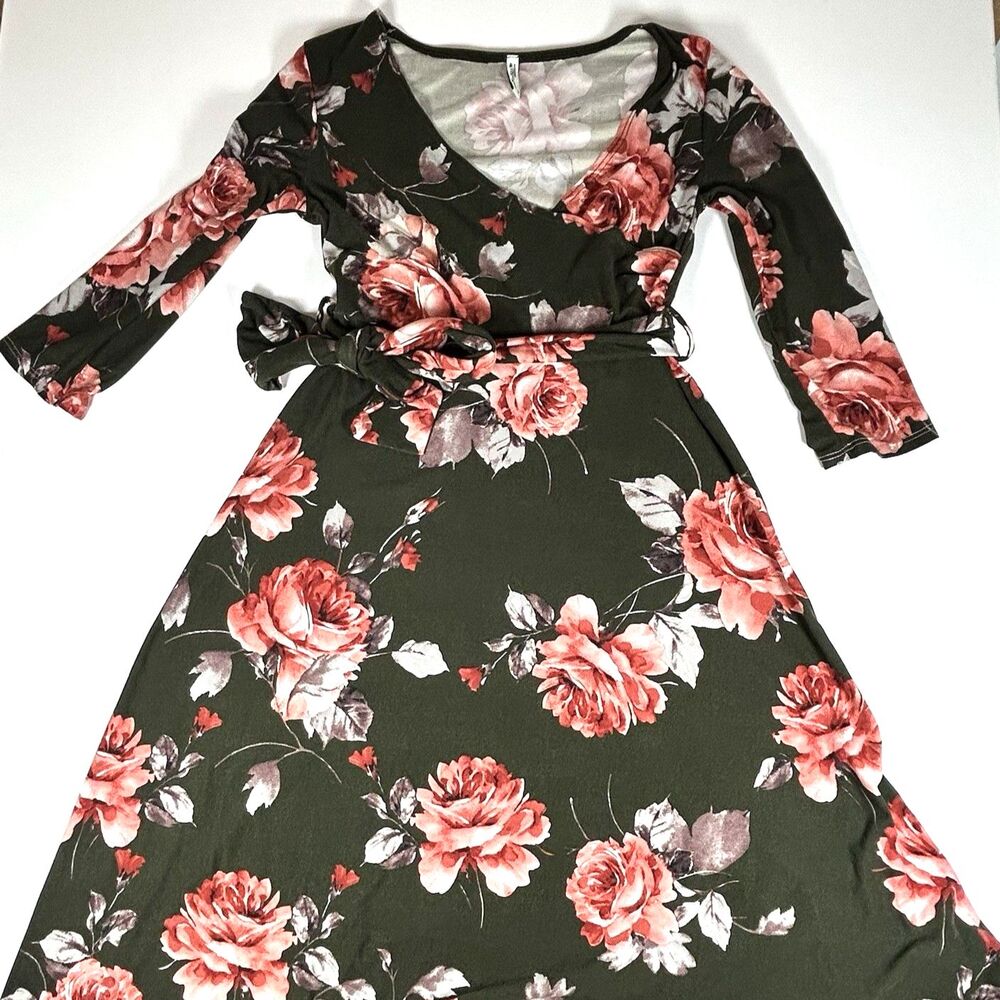 Mother Bee Maternity Green Pink Floral Maxi Dress Soft Stretchy Belted Size Med